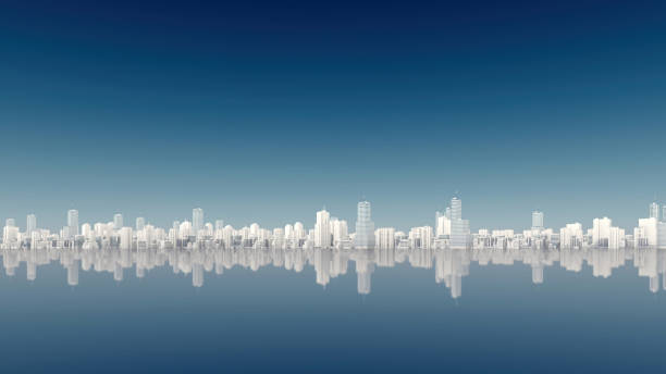 istock Panorama abstract white city reflected in water 3D 1395809229