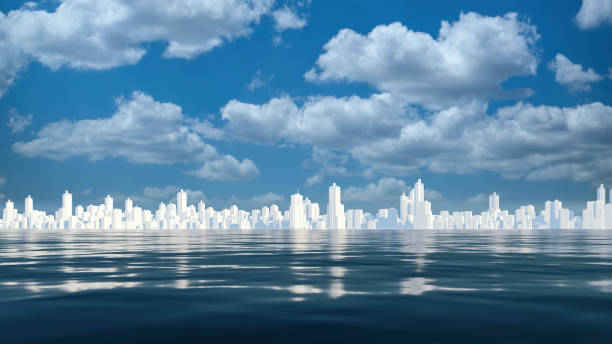 istock Abstract white city skyline reflected in bay water 1395809263
