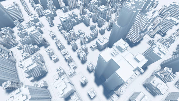 Abstract modern city white architectural model 3D Aerial view of abstract modern city downtown looking as architectural scale model with high rise buildings skyscrapers and empty streets. Urban planning concept 3D illustration from my 3D rendering. architectural model stock pictures, royalty-free photos & images