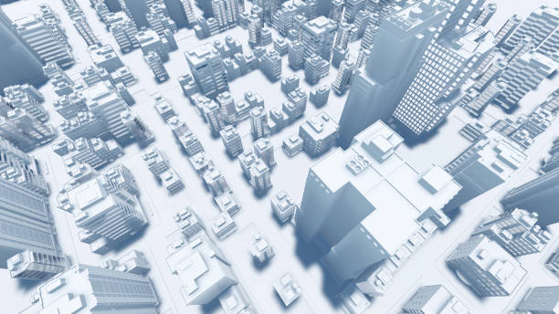 Abstract modern city white architectural model 3D Aerial view of abstract modern city downtown looking as architectural scale model with high rise buildings skyscrapers and empty streets. Urban planning concept 3D illustration from my 3D rendering. 3d city street stock pictures, royalty-free photos & images