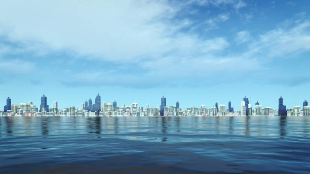 View from lake or river calm water surface on abstract coastal city with modern tall buildings skyscrapers against cloudy blue sky background with copy space. 3D illustration from my 3D rendering.