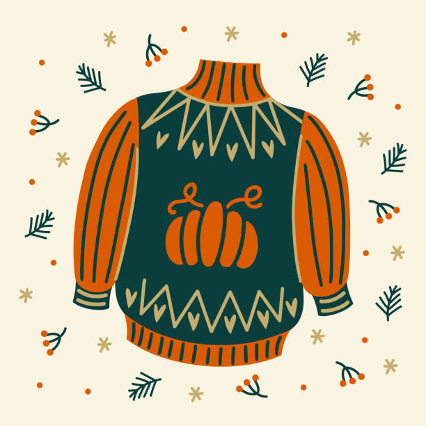 Cozy autumn sweater vector icon. Warm knitted jumper with stripes. Woolen seasonal clothing with pumpkin print. Hand drawn illustration isolated on white background. Flat cartoon clipart, simple doodle Cozy autumn sweater vector icon. Warm knitted jumper with stripes. Woolen seasonal clothing with pumpkin print. Hand drawn illustration isolated on white background. Flat cartoon clipart, simple doodle knitted pumpkin stock illustrations