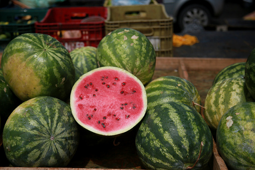 salvador, bahia, brazil - april 30, 2022: watermelon for sale at the Sao Joaquim fair in the city of Salvador.