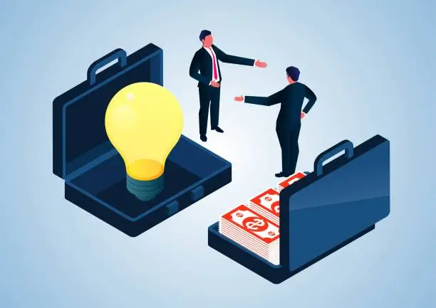 Vector illustration of Isometric businessman selling ideas to client standing near suitcase full of banknotes, businessman trying to convince client to buy his creative light bulb, creativity and marketing.