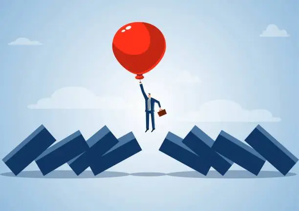 Vector illustration of Smart businessman predicts, manages and avoids financial risks, the balloon takes the businessman to fly into the air to avoid dominoes falling to hit the businessman, stop the impact and harm of the economic crisis.