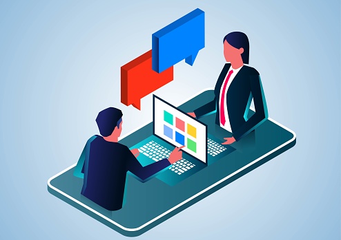 Isometric businessman and businesswoman using computer network for conversation and communication, working from home, web conference