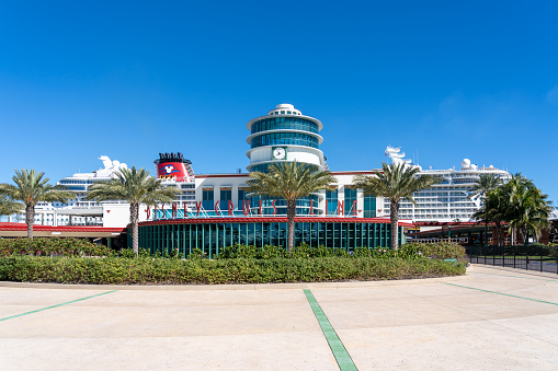 Cape Canaveral, Fl, USA -  January, 15, 2022: Disney Cruise Line Port Canaveral terminal in Florida, USA. Disney Cruise Line is a cruise line operation that is a subsidiary of The Walt Disney Company.