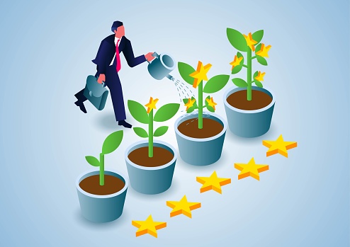 Cultivating good customer service ratings and ratings, isometric businessman holding watering can watering potted plants growing stars.