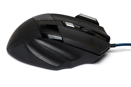 Close up of a wired black modern precision computer gaming mouse for precise control as an input device with digital media on white background