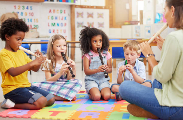 Shot of children learning about musical instruments in class