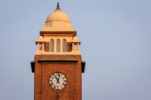 View of historic and popular clock tower near Marina Beach, Chennai, Tamil Nadu, India