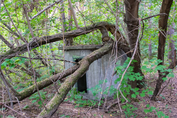 istock Abandoned dilapidated old brick building, broken glass from wooden frames, with ground overgrown with grass 1395834343