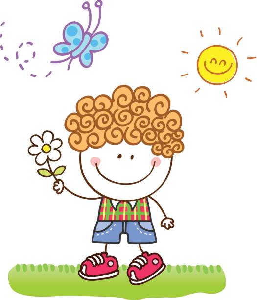 ilustraciones, imágenes clip art, dibujos animados e iconos de stock de niño feliz con flores y mariposa en la naturaleza ilustración dibujo animado - butterfly flower single flower grass