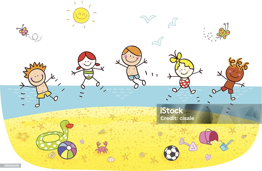 Enfants de sauter sur la plage de dessin illustration - clipart vectoriel de Divertissement - Plaisir libre de droits