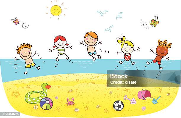 어린이 뛰어내림 해변에서 말풍선이 있는 일러스트 낙서-드로잉에 대한 스톡 벡터 아트 및 기타 이미지 - 낙서-드로잉, 재미, 태양-하늘