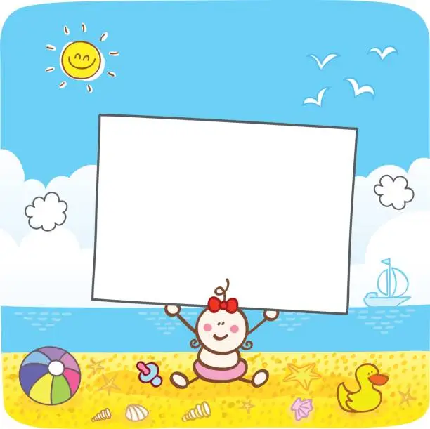 Vector illustration of happy baby girl holding blank banner at sunny summer beach