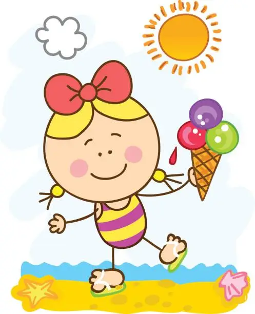 Vector illustration of happy girl with icecream at beach cartoon illustration