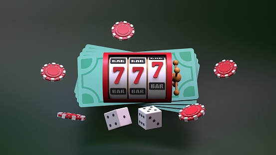 Slot machine casino element with winning combination and money. Render in 3D.
