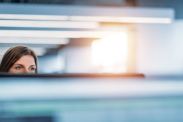 donna che guarda attraverso l'ufficio da dietro la parete del cubicolo e il monitor del computer - bugiardo su fronte foto e immagini stock