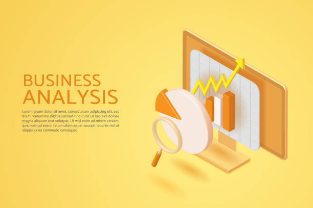 analiza danych finansowych i rozwój biznesu za pomocą wykresu kołowego i słupkowego na ekranie komputera - seo design search engine magnifying glass stock illustrations