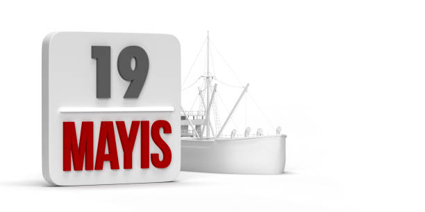 May 19 date in front of Bandirma Ferry on white copy space.