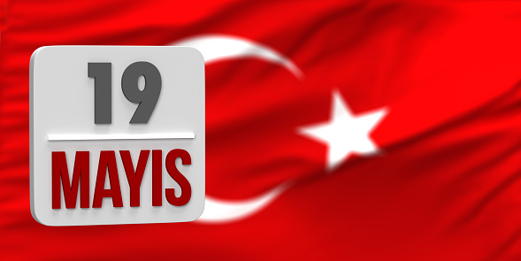 19 May Commemoration of Ataturk, Youth and Sports Day concept: In Turkish language: 19 Mayis Ataturk'u Anma, Genclik ve Spor Bayrami. This calendar date is a celebration holiday festival in Turkey.  Red and white Turkish flag colors background with copy space. Template for web banner, poster or greeting card. Illustration design