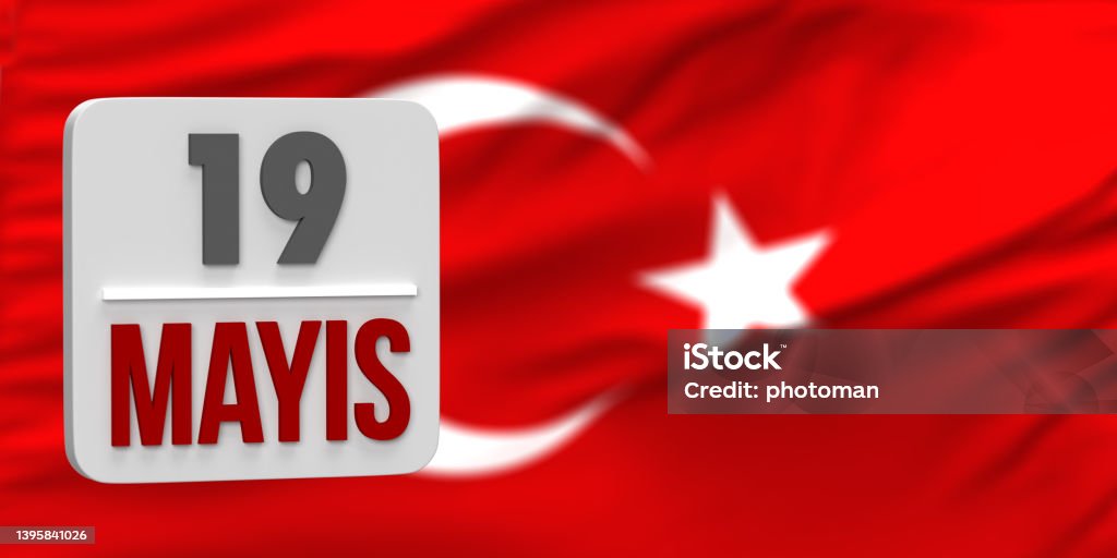 Calendar day 19 May on Turkish flag background 19 May Commemoration of Ataturk, Youth and Sports Day concept: In Turkish language: 19 Mayis Ataturk'u Anma, Genclik ve Spor Bayrami. This calendar date is a celebration holiday festival in Turkey.  Red and white Turkish flag colors background with copy space. Template for web banner, poster or greeting card. Illustration design Commemoration of Atatürk, Youth and Sports Day Stock Photo