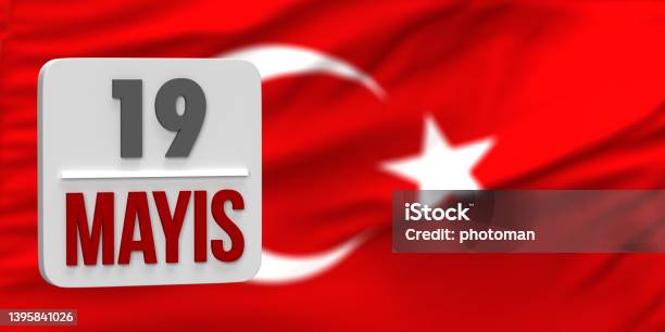 Calendar Day 19 May On Turkish Flag Background Stock Photo - Download Image Now - Commemoration of Atatürk, Youth and Sports Day, May, Mustafa Kemal Ataturk