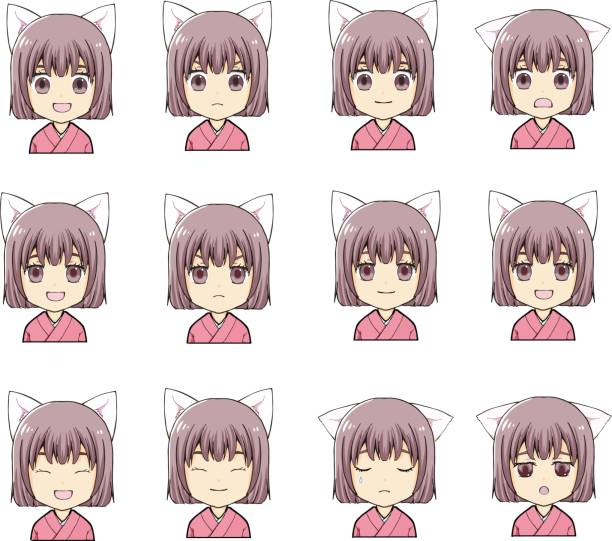 ilustraciones, imágenes clip art, dibujos animados e iconos de stock de conjunto de iconos para niñas en kimono con orejas de gato. - chica kimono del anime