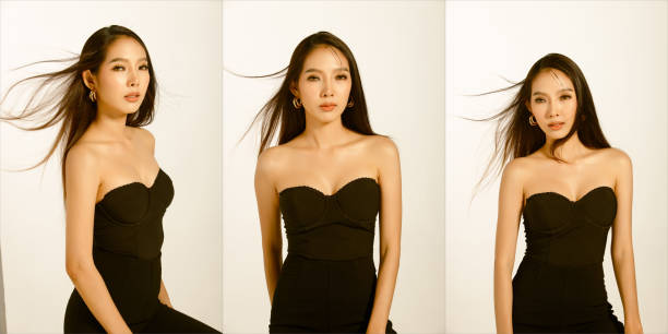 collage half body retrato de 20s asian mulher preta cabelos longos e lisos com cabelo soprando vento - hot couture - fotografias e filmes do acervo