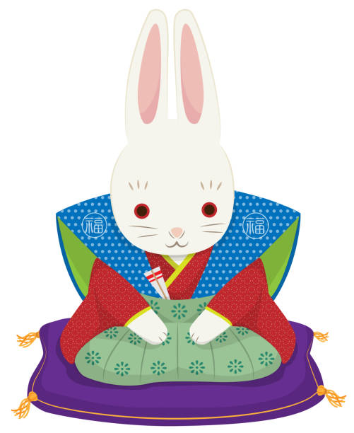 A white rabbit sitting upright in a kimono A white rabbit sitting upright in a kimono zabuton stock illustrations