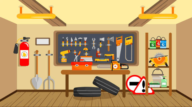 istock Vector illustration of a beautiful garage. Cartoon garage with tool board, fire extinguisher, electric saws, car tires and signs. 1395847213