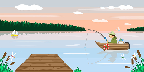 Vector illustration of beautiful fishing. Cartoon a fisherman in a boat with a bunch of fish on a river or in the sea, with a forest and ships in the background.