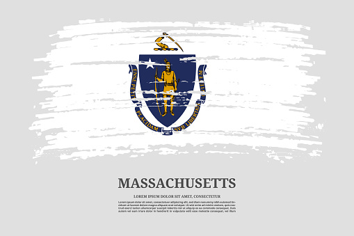 Massachusetts US flag with brush stroke effect and information text poster, vector background