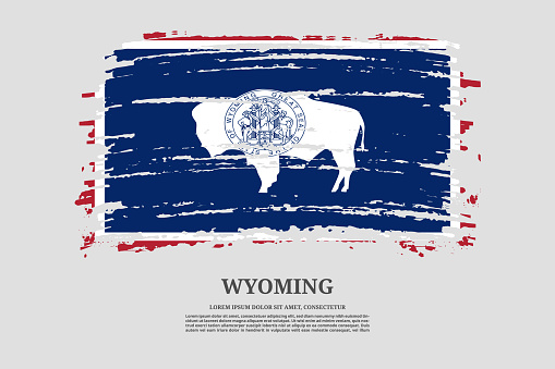 Wyoming US flag with brush stroke effect and information text poster, vector background