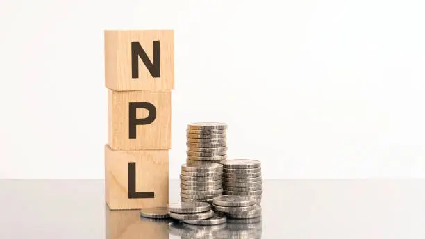 Photo of npl - text on wooden cubes on white background with coins