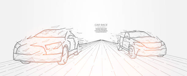 полигональная векторная векторная иллюстрация автогонки изолирована на светлом фоне. две машины быстро движутся по дороге. креативный бан - низкий гонщик stock illustrations