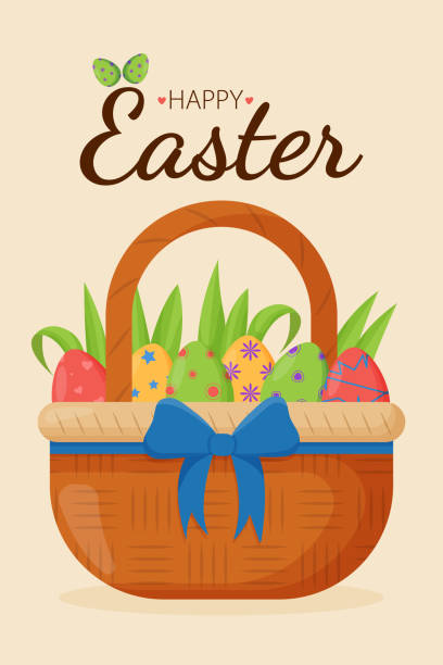 illustrazioni stock, clip art, cartoni animati e icone di tendenza di biglietto di auguri di pasqua con cesto di vimini e uova di pasqua. buona pasqua striscioni, biglietti di auguri, poster, copertine natalizie. - easter traditional culture backgrounds basket