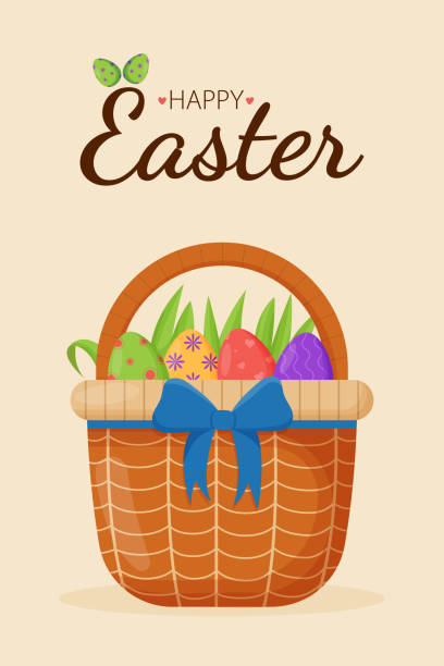 illustrazioni stock, clip art, cartoni animati e icone di tendenza di biglietto di auguri di pasqua con cesto di vimini e uova di pasqua. buona pasqua striscioni, biglietti di auguri, poster, copertine natalizie. - easter traditional culture backgrounds basket