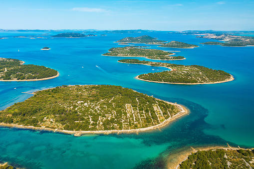The aerial view of the islets, Murter island in Croatia