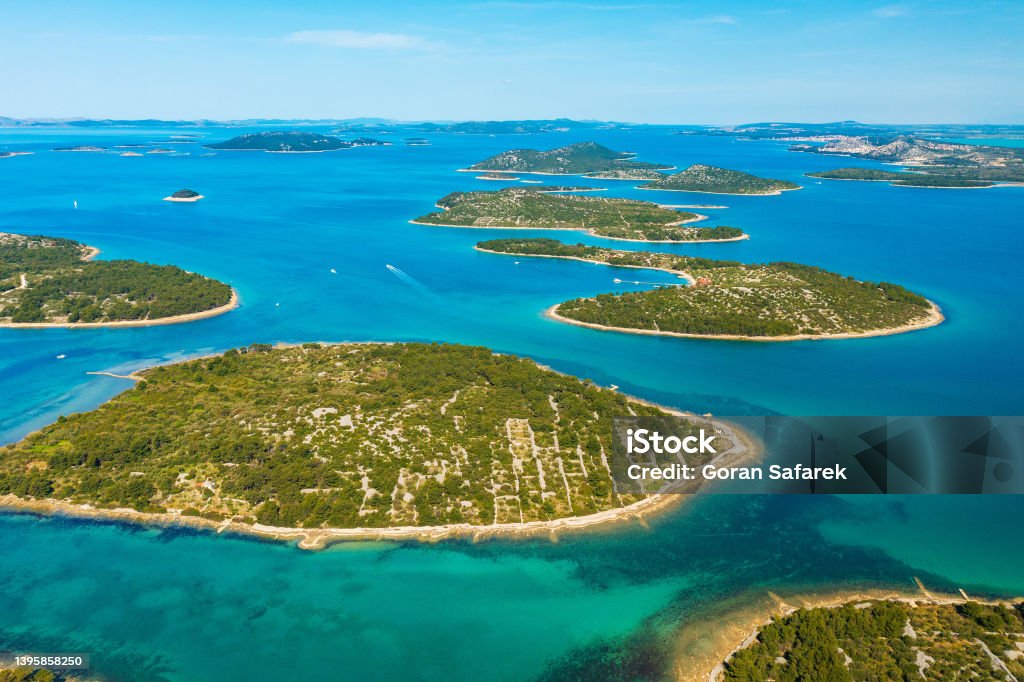 The aerial view of the islets, Murter island in Croatia Karst Formation Stock Photo
