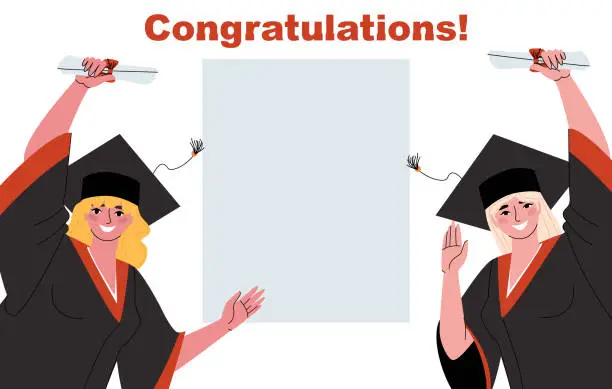 Vector illustration of Congratulations to university graduates. Two graduate girls on the background of the poster. Flat vector illustration.