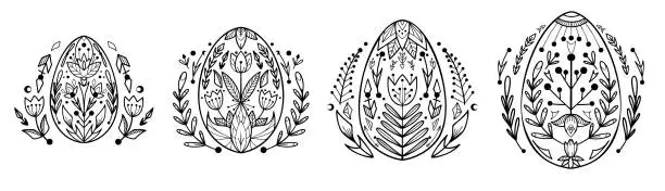 Vector illustration of Vector set of contour Easter eggs with a folk art and floral ornaments. Outline collection with festive treat with a folk decoration