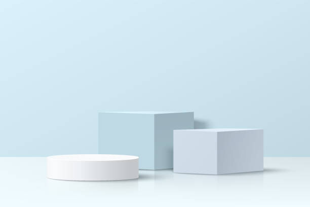 istock Realistic white and blue 3D cube and cylinder pedestal podium set in abstract room with window shadow. Minimal scene for products stage showcase, promotion display. Vector geometric forms group design 1395864078