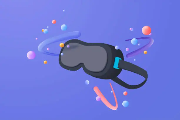 Vector illustration of Metaverse technology future 3d concept. VR virtual reality headset with floating objects around for playing a video game isolated blue background. 3d vector render with Metaverse futuristic concept