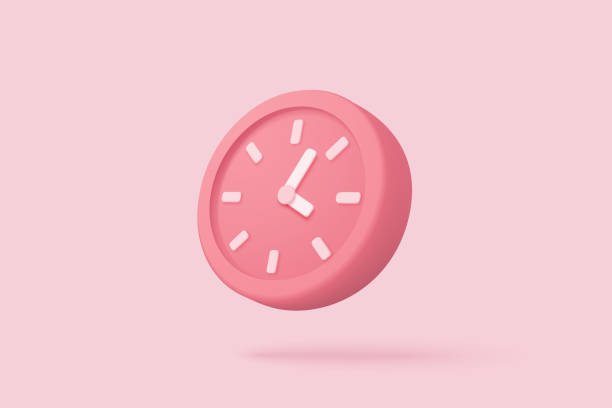 3d-wecker auf pastellrosa grund. rosa uhr minimales designkonzept der zeit. 3d-taktvektor-rendering in isoliertem rosa hintergrund - clock stock-grafiken, -clipart, -cartoons und -symbole