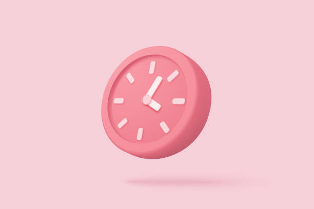 파스텔 핑크 배경에 3d 알람 시계. 핑크 시계 시간의 최소 디자인 개념. 고립 된 분홍색 배경에서 렌더링되는 3d 시계 벡터 - 벽 시계 stock illustrations