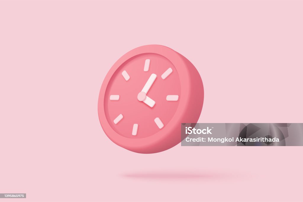 3d alarm clock on pastel pink background. Pink watch minimal design concept of time. 3d clock vector rendering in isolated pink background Clock stock vector