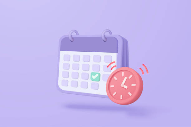 ilustrações de stock, clip art, desenhos animados e ícones de 3d calendar marked date for important day in purple background. calendar with mark for schedule appointment, event day, holiday planning concept 3d alarm clock vector render isolated pastel background - calendar personal organizer clock diary