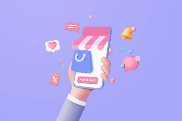 istock 3d vector render online shopping bag using tags promotion or cash for future use. shopping online pass smartphone in hand holding. 3d vector shop purchase basket retail store on e-commerce 1395866013